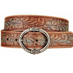 Floral Embossed Leather Belt | Rhinestone Ring Buckle